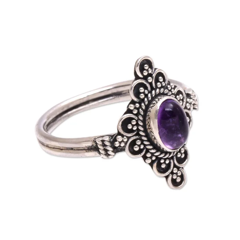 Handgefertigter ovaler Amethyst-Cabochon-Cocktailring aus 925er Sterlingsilber Edelsteinring Handgemachter Ring Boho Silberring Alltagsring Geschenk für sie