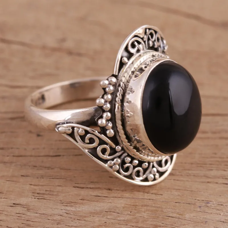 Handgefertigter Cocktailring aus schwarzem Onyx, 925er Sterlingsilber, Statement-Ring, handgefertigter Ring, Damen-Silberring, Geschenk für Sie
