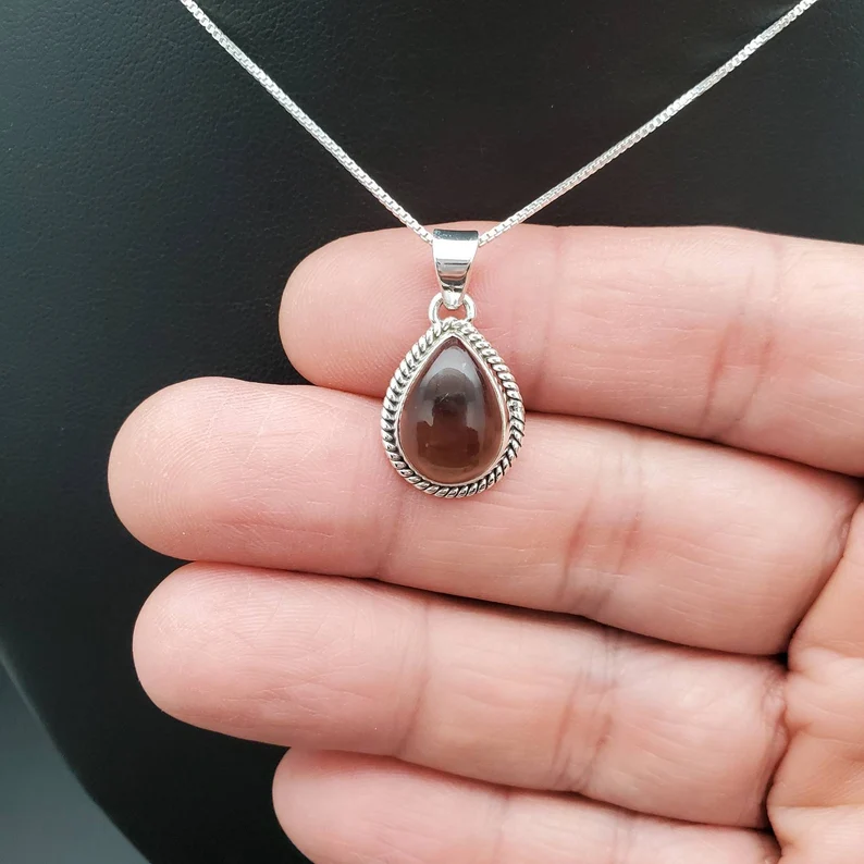 Rauchquarz-Tropfen-Anhänger mit Silberkette Halskette 925 Sterling Silber Rauchquarz-Anhänger Halskette Heilstein