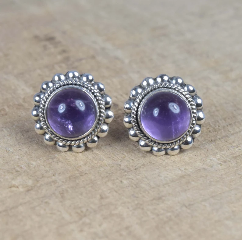 Lila Amethyst 925 Sterling Silber Rundschliff Edelstein Ohrstecker Designer Ohrstecker Februar Geburtsstein Geschenk zum Jubiläum