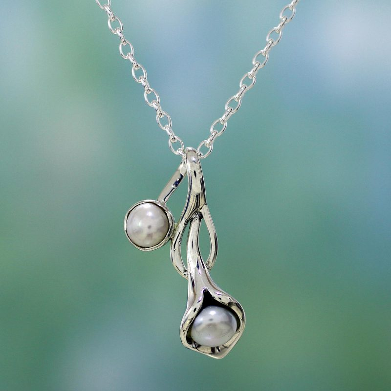 Brautschmuck Calla Lilie Perlenkette 925 Sterlingsilber Anhänger Süßwasserperlen Schmuck Handgemachter Schmuck Boho Halskette Geschenk für Sie