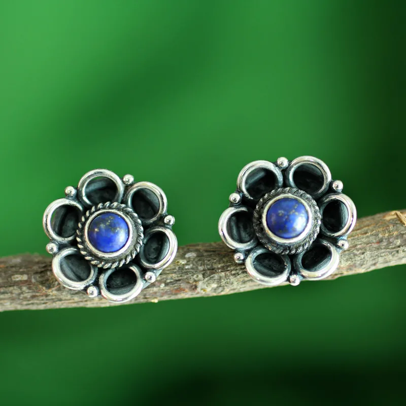 Blumen Lapislazuli Ohrstecker 925 Sterling Silber Handgemachte Ohrringe Alltagsohrringe für Frauen Geschenk für Sie & Mama