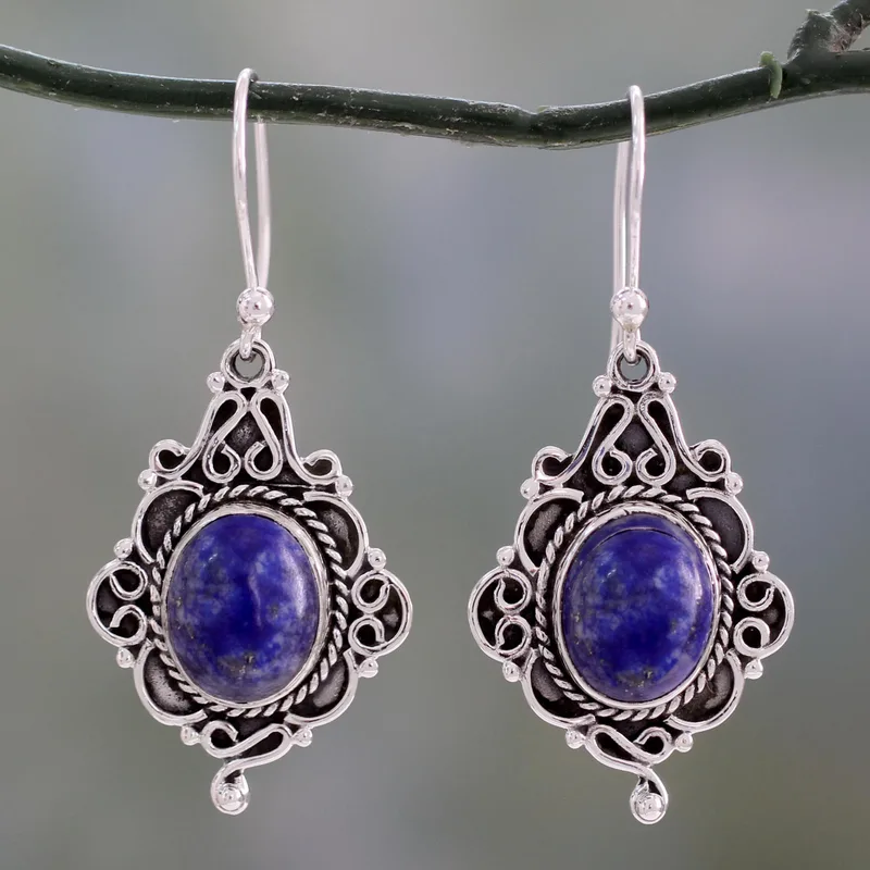 Ovale Edelstein-Ohrringe aus Sterlingsilber und Lapislazuli, Designer-Ohrringe für Frauen, handgefertigte Silberohrringe, Schmuckgeschenke, Artikel, Geschenk für sie