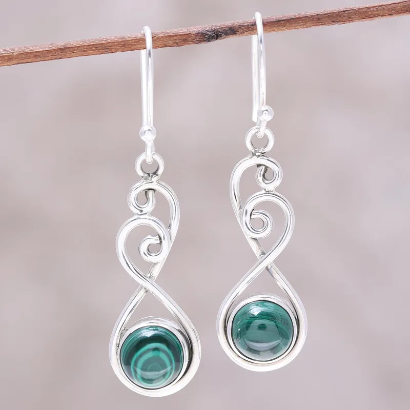 Runde Malachit Ohrhänger aus Sterlingsilber mit Spiralen, handgefertigt, für Damen, minimalistisch, Boho, zarter Schmuck, Geschenk für sie