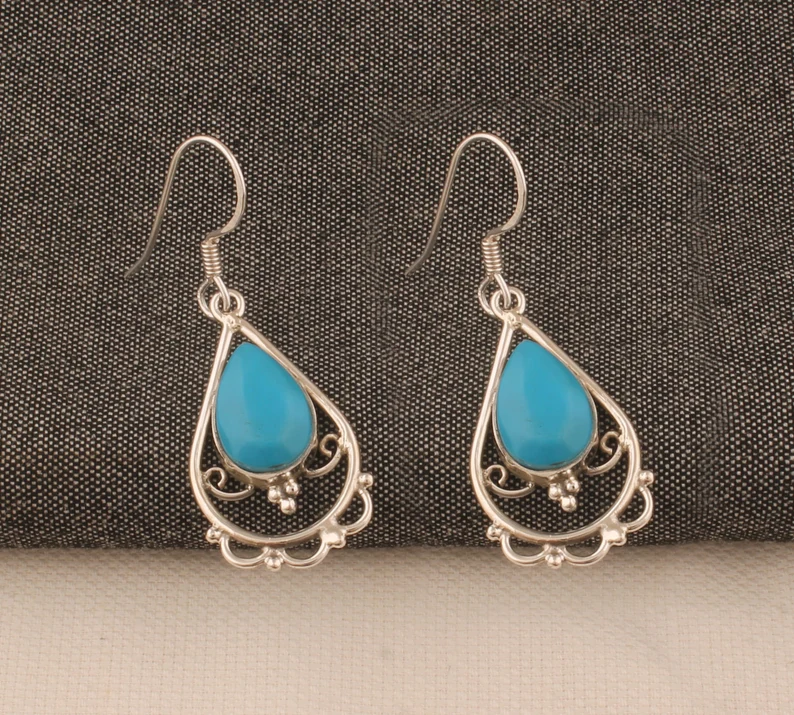 Massive 925 Sterling Silber Türkis Ohrringe für Frauen Handgemachte Birnen-Tropfen Gemstone Ohrringe Geschenkidee für Brautjungfern Hochzeitsschmuck