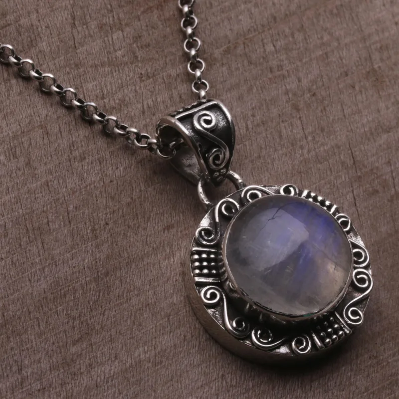 Runder Regenbogen-Mondstein 925 Sterling Silber Anhänger Halskette Handgefertigter Böhmischer Schmuck Jahrestagsgeschenk für Sie