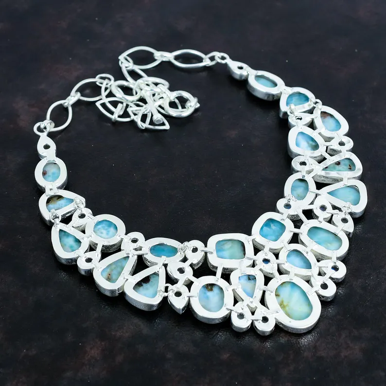 Larimar Mondstein Edelstein Handgemachte 925 Sterling Silber Halskette 925 Gestempelt Edelstein Natur Larimar Silber Halskette