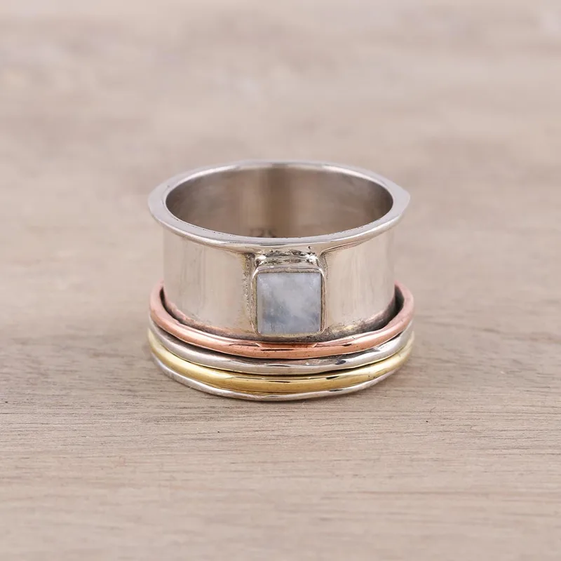 Sterling Silber Kupfer Regenbogen Mondstein Meditationsring Handgemachter Ring Silberschmuck Böhmischer Zierlicher Ring Geschenk für Sie Geburtstagsgeschenk