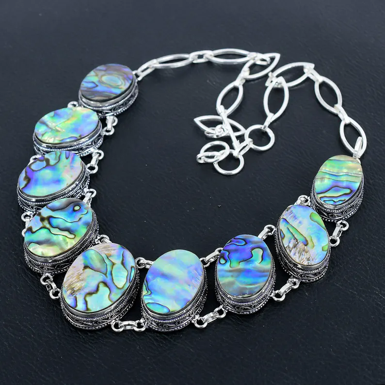 Abalone-Muschel-Halskette 925 Sterling Silber Halskette Echter Edelstein Handgefertigter Boho Schmuck Verstellbare Kette Vintage Schmuck Für Mutter
