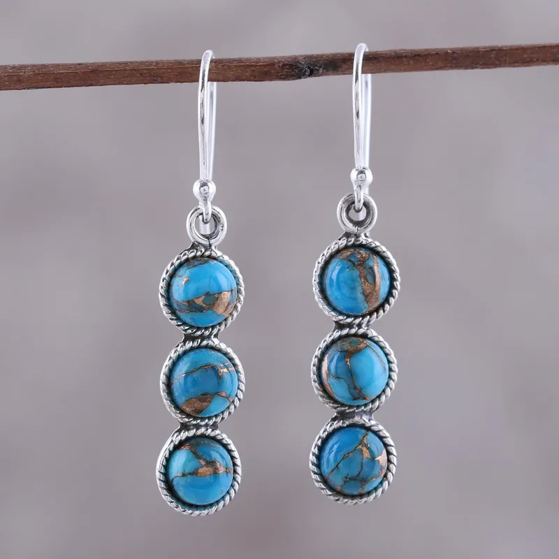 Dancing Circles 925 Sterling Silver Turquoise Dangle Earrings Boho Dainty Gemstone Earring Handmade Jewelry 925 Silver Gift For Her