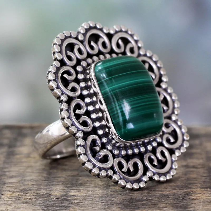 Handgefertigter 925 Sterling Silber Ring mit Malachit Grün Edelstein Ring Handgemachter Bohemian Schmuck Valentinstagsgeschenk für sie Geburtstagsgeschenk