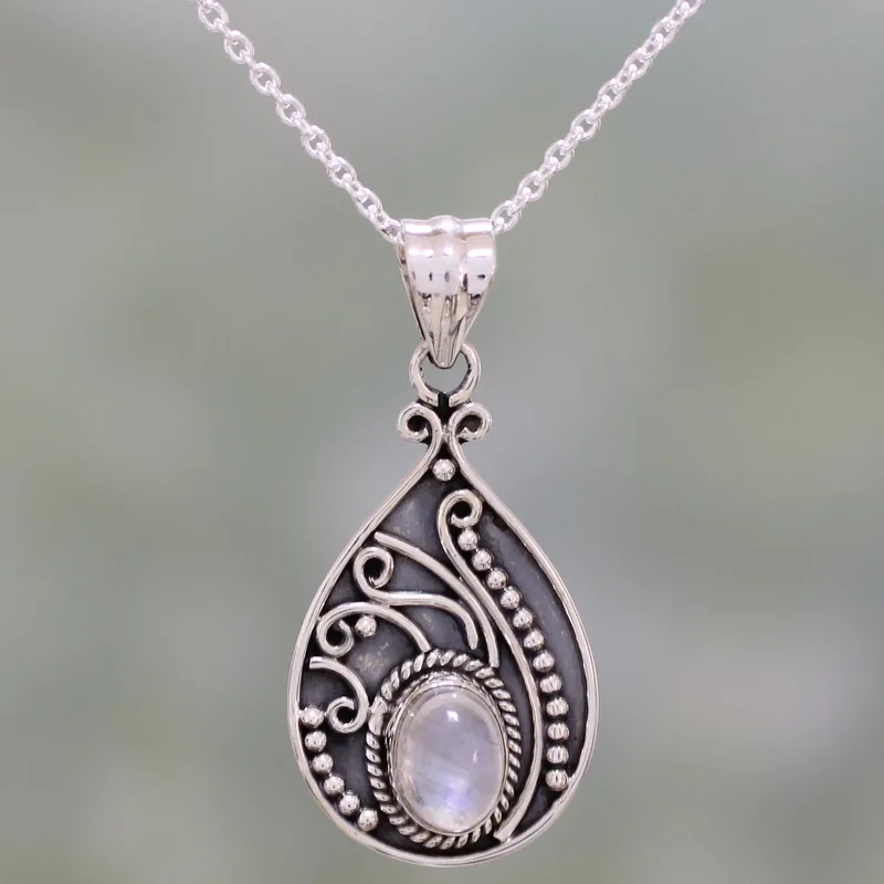 Regentropfen Glanz 925 Sterling Silber Mondstein Anhänger Halskette Blauer Feuer Regenbogen Mondstein Geschenk für Sie