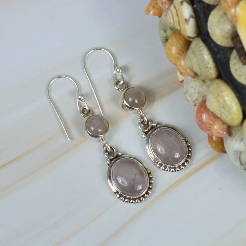 Rosa Rosenquarz 925 Sterling Silber Edelstein Haken-Ohrring Ovale Form Schmuck Handgemachter Schmuck Geschenk zum Jahrestag