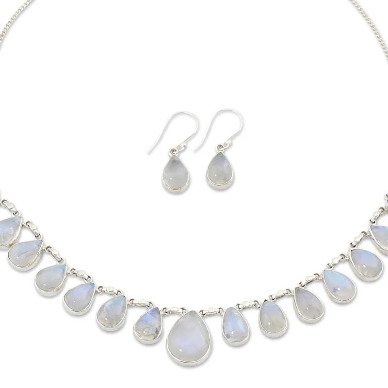 Regenbogen-Mondstein Schmuckset Halskette und Ohrringe 925 Sterling Silber Handgefertigter Bohemian Schmuck Jubiläumsgeschenk für sie & Mutter