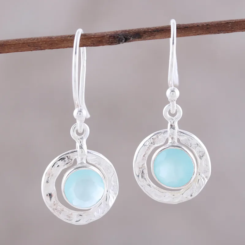 Runde Aqua-Chalcedon und Sterling Silber Ohrhänger 925er Massivsilber Handgemachter Boho Feiner Schmuck Geschenk Für Sie