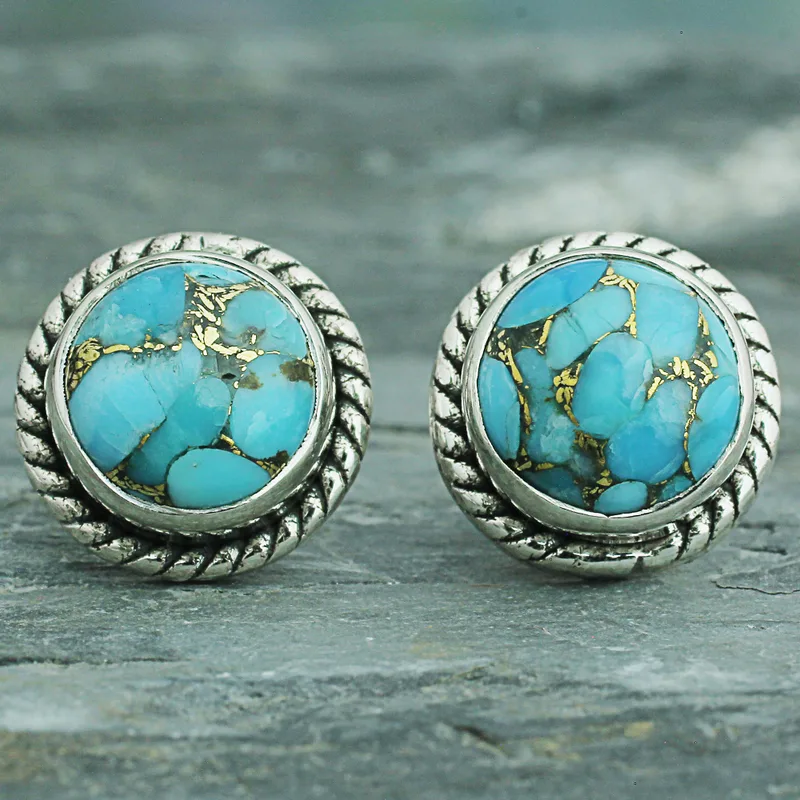Runde Türkis-Ohrstecker aus Sterlingsilber, Türkisschmuck, handgefertigter Böhmenschmuck, Geschenk für sie