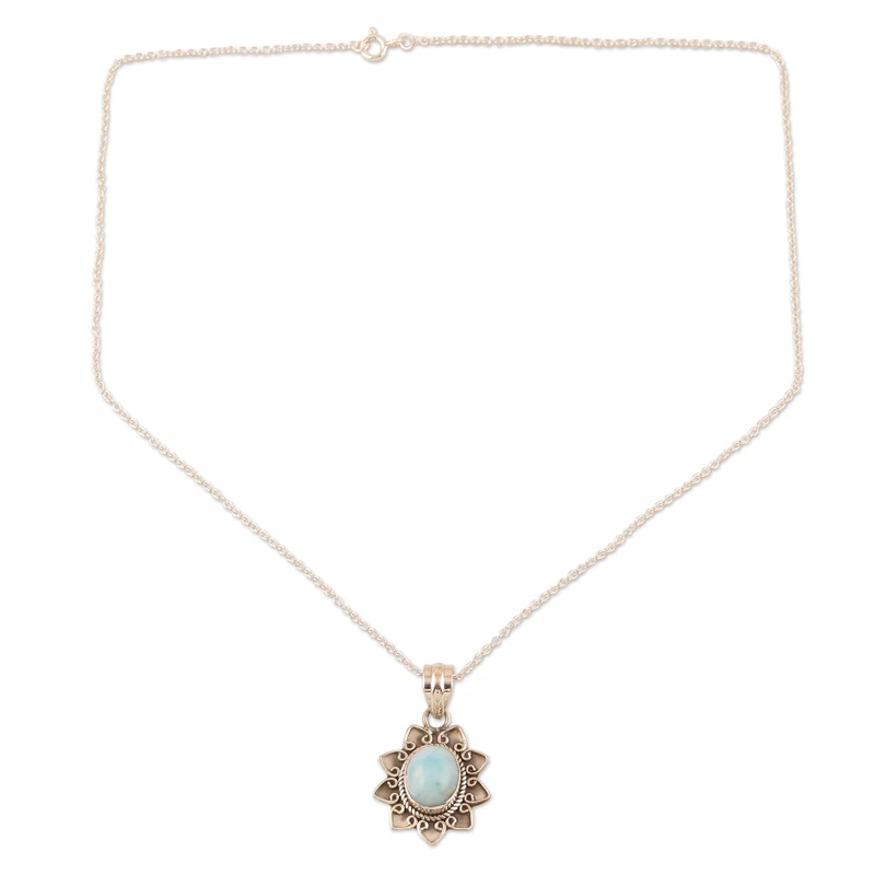 Larimar-Blumenmotiv-Anhänger-Halskette, 925er Sterlingsilber, alltagstauglicher Anhänger für Halskette, perfektes Geschenk für sie