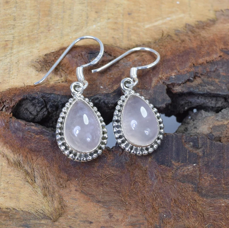Rosa Rosenquarz 925 Sterling Silber Natürlicher Edelstein Schmuck Januar Geburtsstein Rosen-Ohrring Designer-Ohrring Geschenk zum Geburtstag