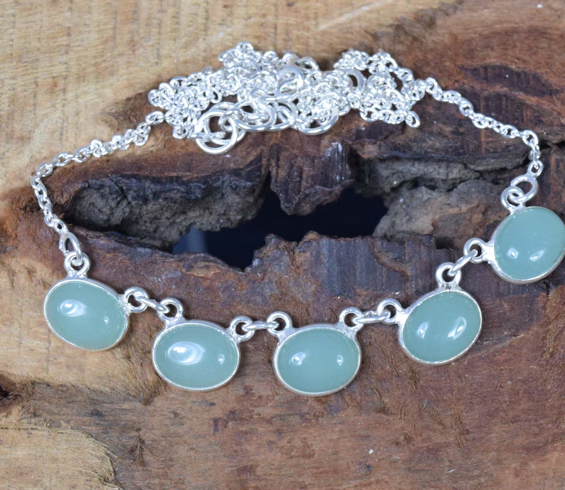 Aquamarin Chalcedon 925 Sterlingsilber Edelstein Designer Halskette Handgefertigter Schmuck Geschenk zum Jahrestag 5-Stein-Halskette Schmuck