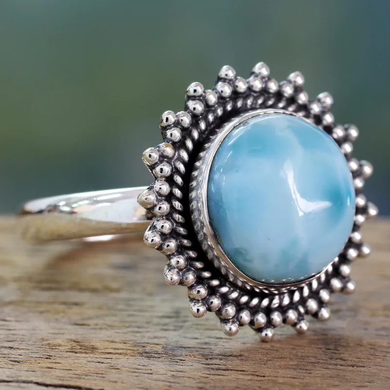 Klassischer Larimar Cocktailring aus Sterlingsilber, zarter Ring, Edelsteinring, Damenring, Geschenk für sie