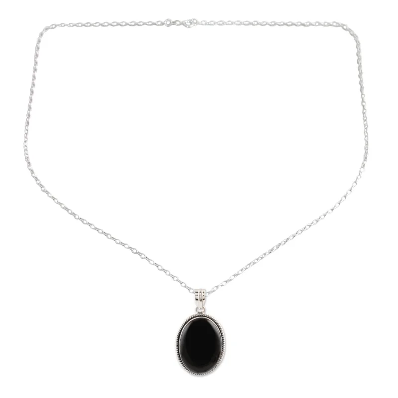 Black Onyx Cabochon Pendant Necklace 925 Sterling Silver Delicate Necklace Bohemian Jewelry Gift For Mom & Her