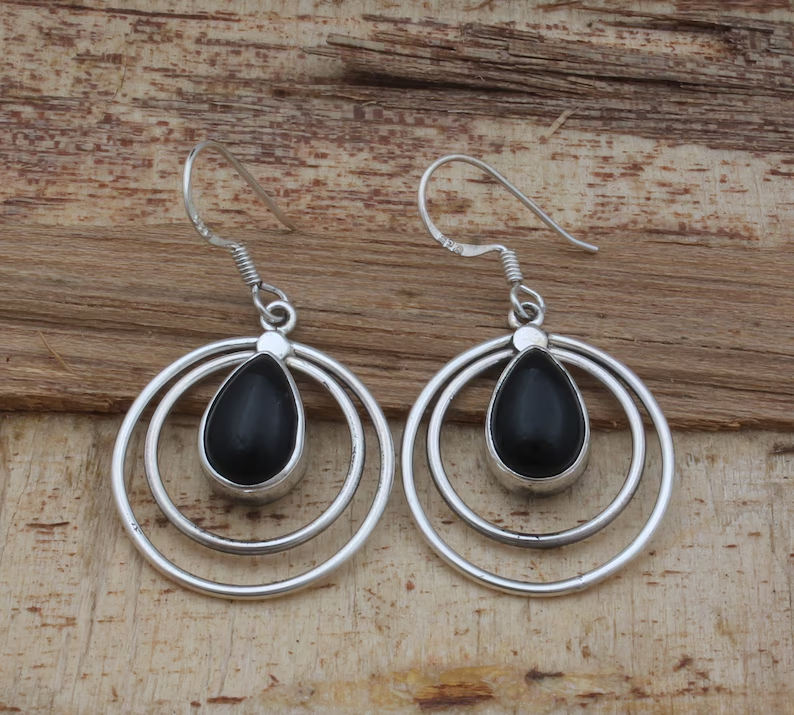 Schwarzer Onyx Kreis Edelstein Silber Ohrring 925 Sterling Silber Tropfen Ohrringe für Damen Handgemachte Stein Ohrringe Geschenke für Muttertag