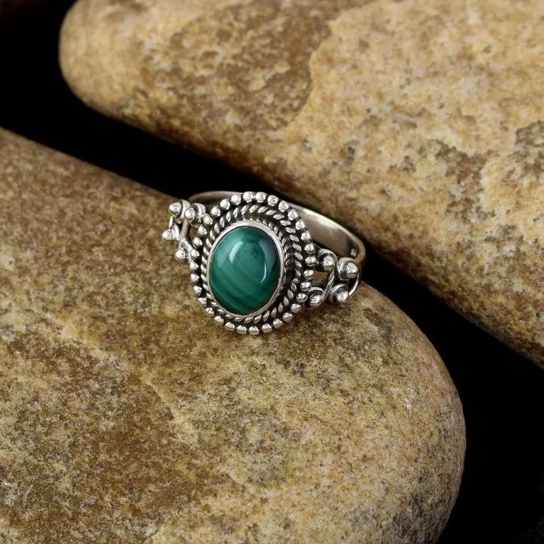 Echter Malachit Silberring 925 Sterling Silberring Malachit Silberring Grüner Stein Ring Zierlicher Silberring Grüner Malachitring