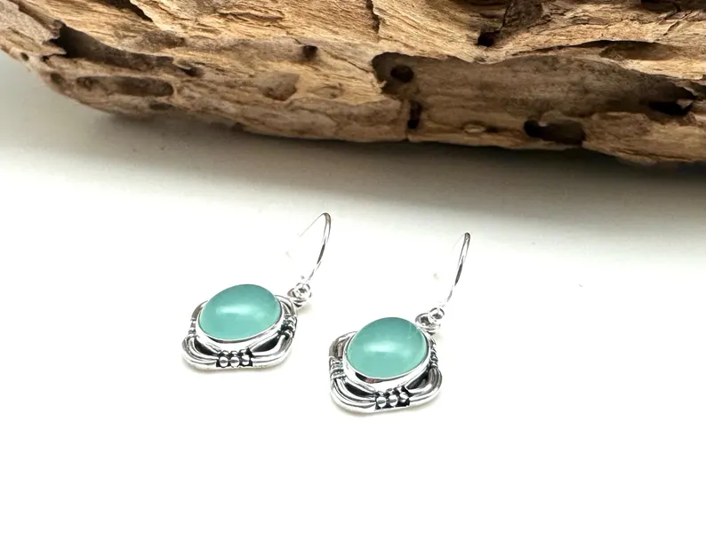 Aquamarin-Chalcedon-Ohrringe, Silber, tropfenförmig, blau, glatt, Schutzstein, 925er Sterlingsilber-Ohrringe, Geschenk für Sie