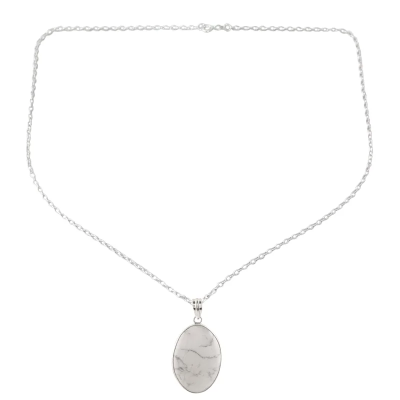 Weiße Nebel Howlith Ovale Anhänger Halskette 925 Sterling Silber Howlith Schmuck Handgefertigt Böhmischer Schmuck Geschenk Für Sie
