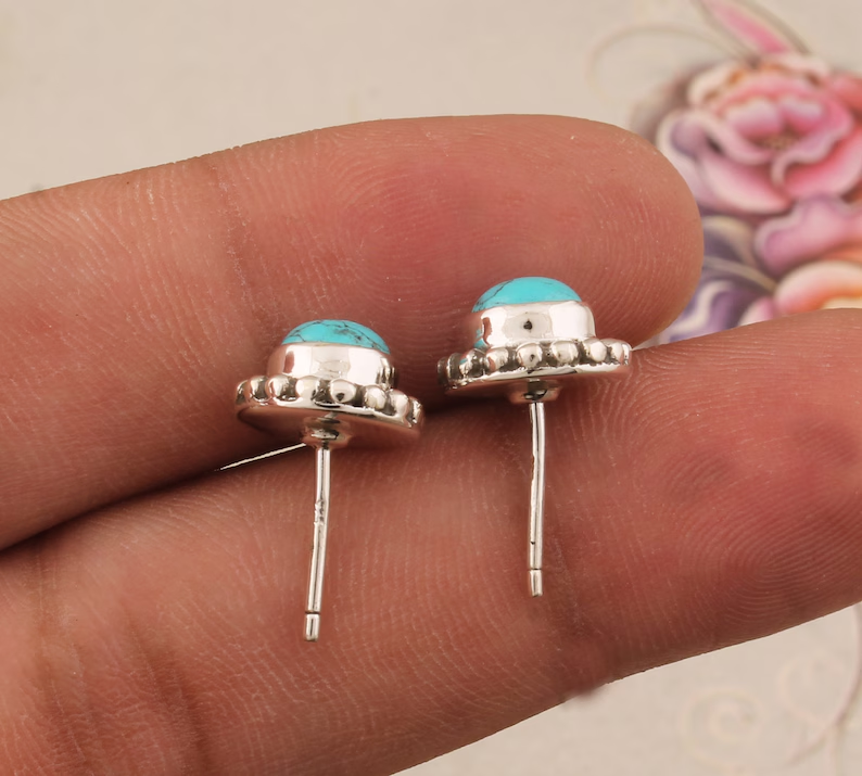 Turquoise Studs Earrings Solid 925 Sterling Silver Stud Earrings For Women Handmade Round Spiral Silver Stud Earrings Turquoise Earring