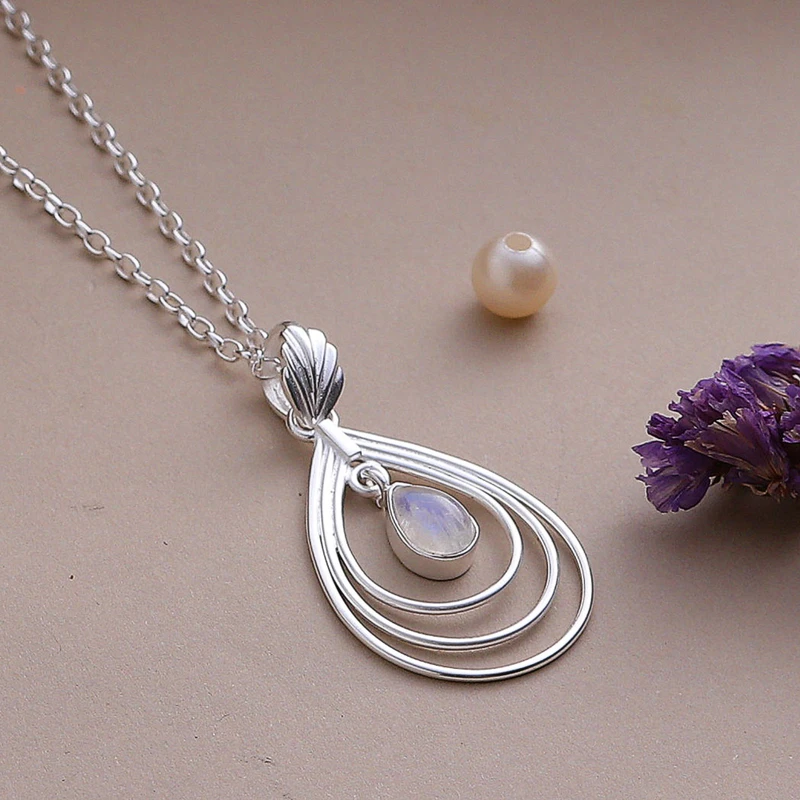 Magical Drop Regenbogenmondstein-Anhänger-Halskette 925 Sterling Silber Natürlicher Feuer-Regenbogen-Mondstein Geschenk für sie Geburtstagsgeschenk