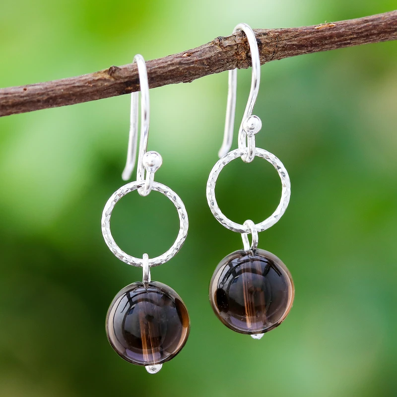 Runde Rauchquarz-Ohrhänger für Damen, Ohrringe aus massivem Silber mit Stein, handgefertigt, Boho, zarte Ohrringe, Geschenk für sie