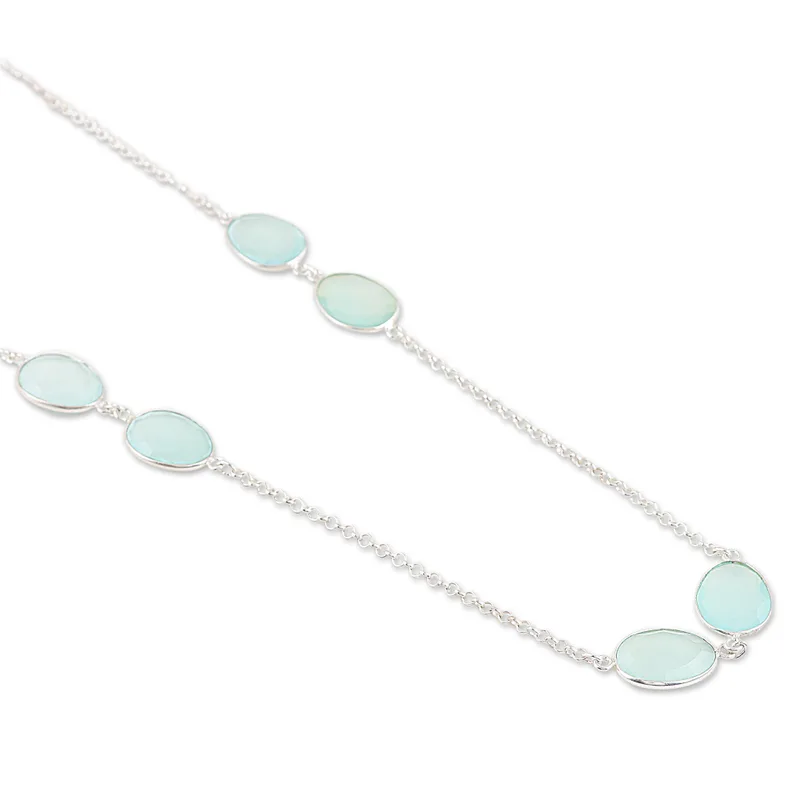 Aqua Chalcedon Halskette 925 Sterling Silber Handgemachte Zierliche Halsketten Böhmischer Schmuck Geschenk für Sie