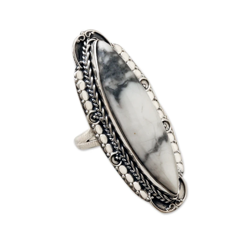 Sterling Silver Cocktail Ring with Howlite Cabochon White Stone Ring Handmade Women Ring Gemstone Ring Gift For Her