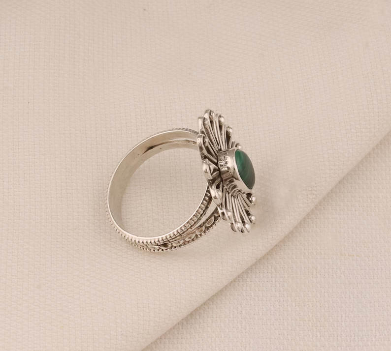 Malachit-Blume Solider 925 Sterling Silber Ring Für Frauen Handgefertigter Ovaler Edelsteinring Designer Silber Hochzeitsring Geschenkidee Für Sie