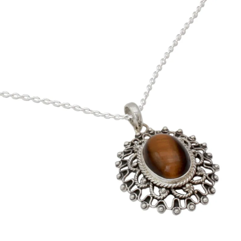 Handgefertigte Halskette aus Sterlingsilber mit Tigerauge-Anhänger, echter Edelstein, Bohemian-Schmuck, Geschenk für sie, Valentinstagsgeschenk