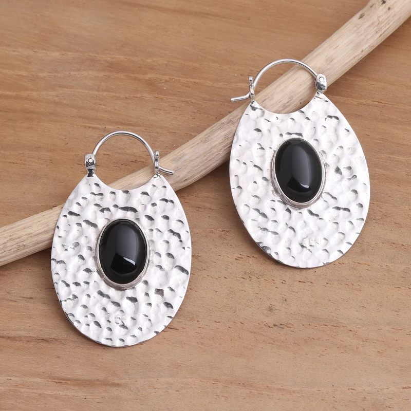 Hammered Sterling Silver Oval Hoop Earrings with Black Onyx Women Handmade Earrings Gifts For Mom & Her