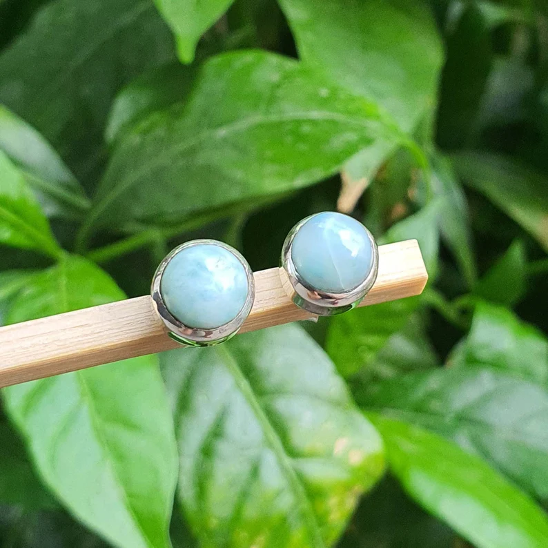 Runde blaue Larimar-Ohrstecker für Damen und Herren, Sterlingsilber-Ohrstecker, Naturstein, Geschenk für Sie