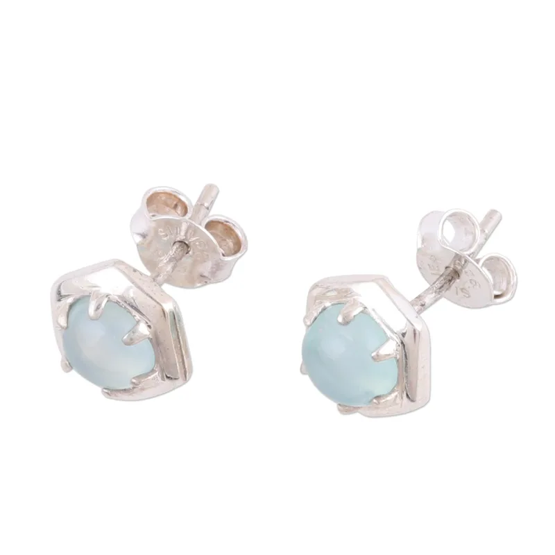 Hexagon Form Aquamarin-Chalcedon Ohrstecker 925 Sterling Silber Handgemachte Ohrstecker Alltags-Ohrringe Für Frauen Geschenk Für Sie