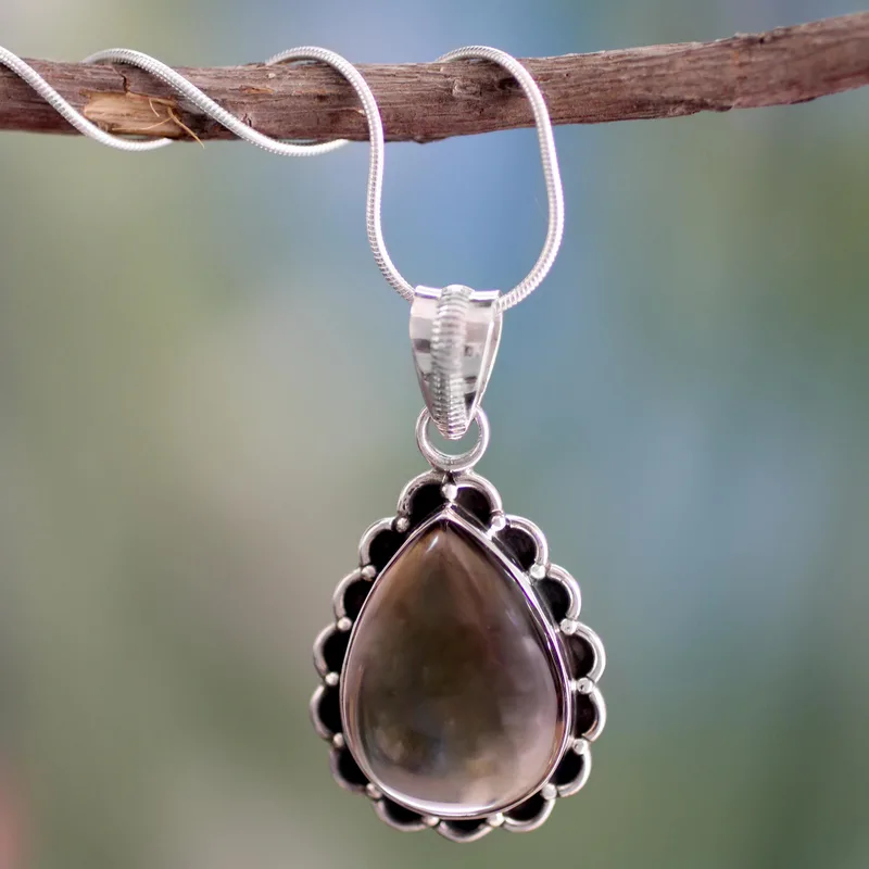 Nebeliger Teardrop Rauchquarz Anhänger mit Silberkette Halskette 925 Sterling Silber Rauchquarz Anhänger Halskette Böhmischer Schmuck Geschenk für Sie
