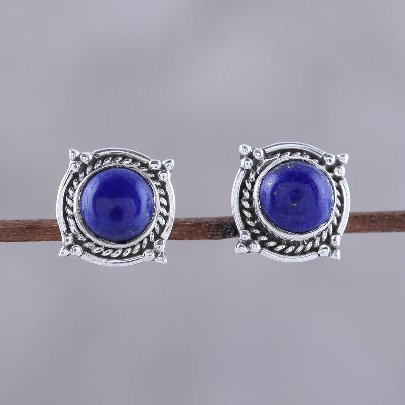 Runde Lapislazuli-Edelstein-Ohrstecker aus 925er Sterlingsilber, handgefertigte Ohrstecker für den Alltag, Geburtstagsgeschenk für sie