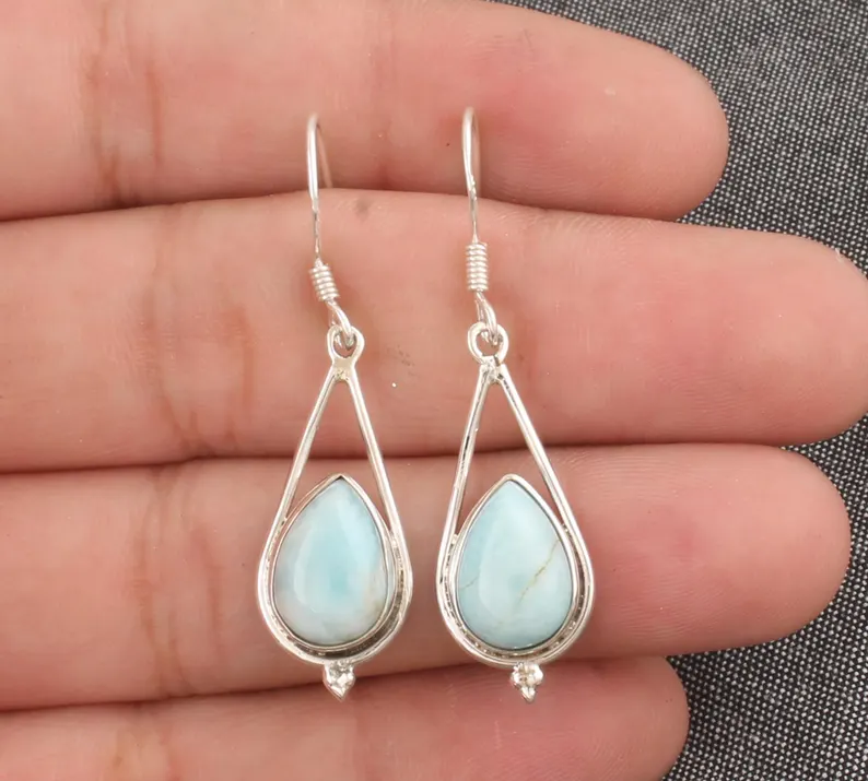 Larimar Edelstein Ohrring Massiver 925 Sterling Silber Tropfenohrringe Handgemachte Birnenstein Ohrringe Geschenke zum Muttertag