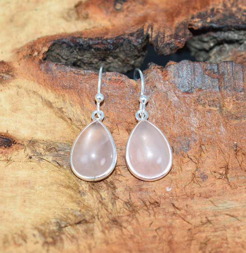 Teardrop Rosenquarz Ohrringe aus Sterlingsilber Ohrringe für Frauen Handgemachter Boho-Schmuck Geschenk für Sie