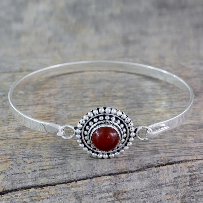 Handcrafted Carnelian and Sterling Silver Bangle Bracelet Boho Dainty Jewelry Gift For Her Valentine Day Gift