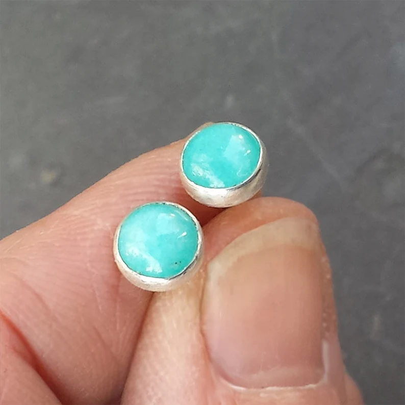 Amazonite Studs Aqua Blue Gemstone Earrings Minimalist Earrings Simple Jewelry 925 Sterling Silver Studs Gift For Her