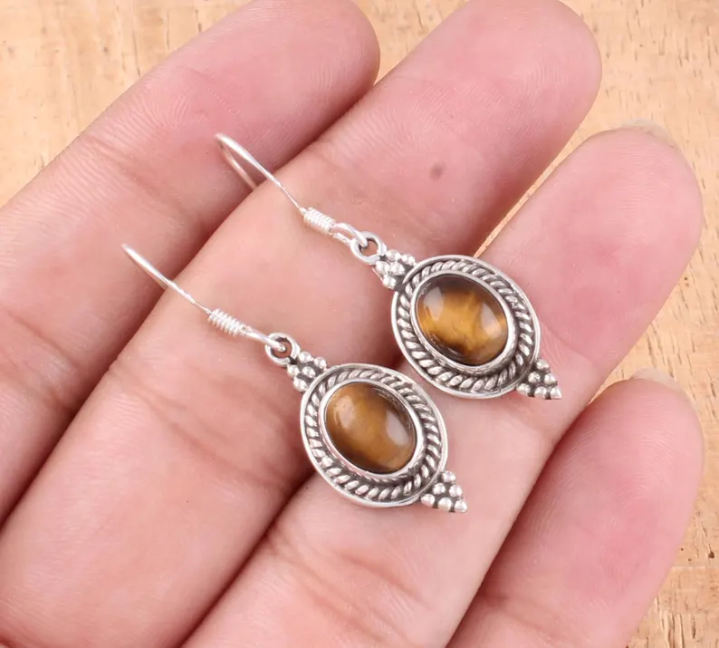 Tigerauge Edelstein Ohrringe 925 Sterlingsilber Handgemachte Ohrringe Alltagstaugliche Ohrringe in Ovaler Form Boho Ohrringe Geschenk für Sie