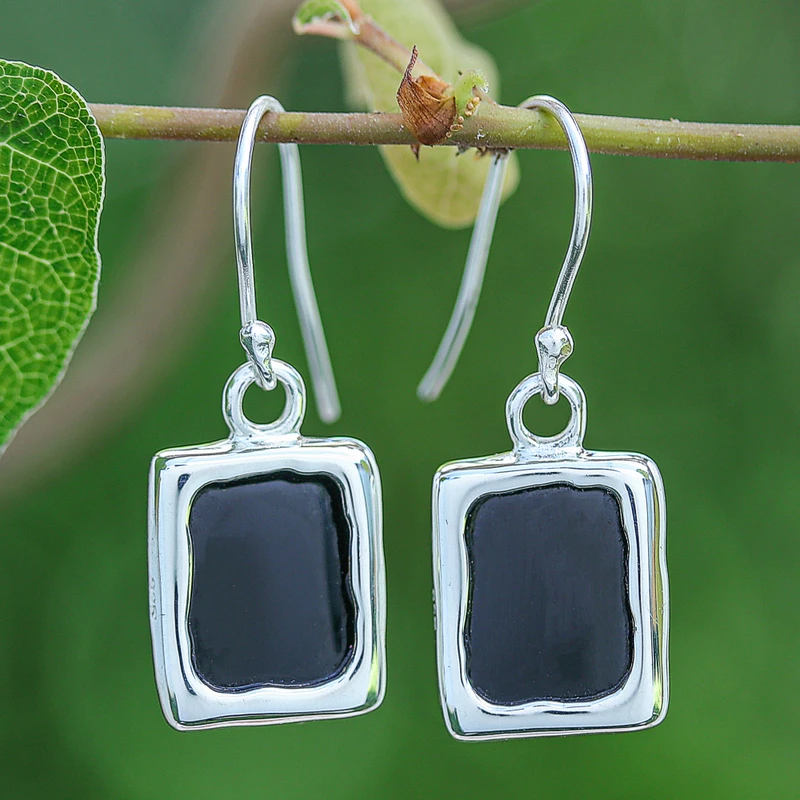 Moderne Ohrhänger aus geschwärztem Onyx und Sterlingsilber, quadratisch, handgefertigt, Geschenke für Mama & Sie