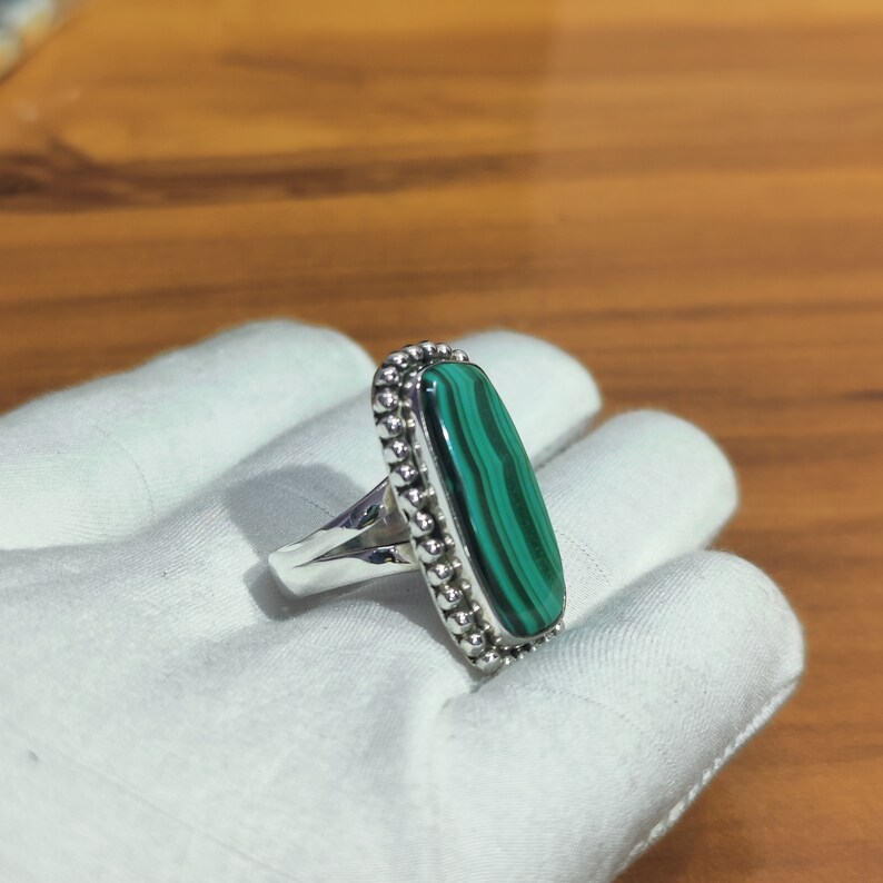 Natürlicher Malachitring 925 Sterling Silber Ring Langer Kissenring Zierlicher Großer Ring Malachit Schmuck Geschenk für Sie