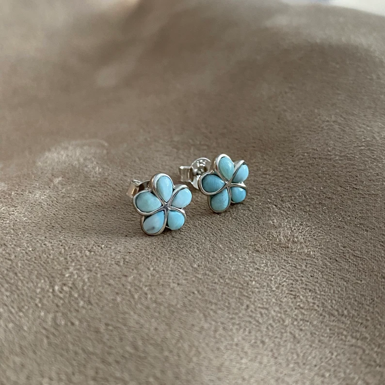 Ohrstecker Natürliche Larimar Blumenohrringe Sterling Silber Ohrstecker Larimar Schmuck Geschenk Für Sie Blumenstecker
