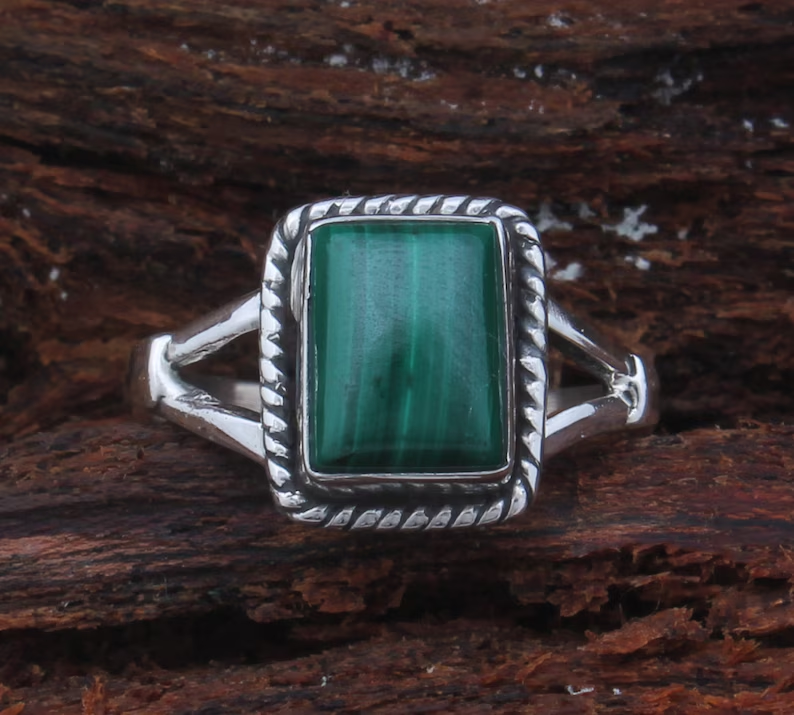 Malachit Silberring 925 Sterling Silber Rechteckige Form Edelsteinring Designer Ring Handgefertigter Edelsteinring Verlobungsring Geschenkidee